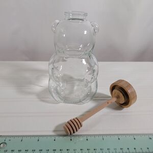 Glass Bear Honey Jar Pot Wooden Lid Dipper Beehive Style Kitchen Decor